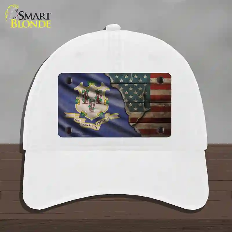 HAT14-MLP-12386 Connecticut & American Flag Novelty License Plate Hat, Unconstructed Cotton - White