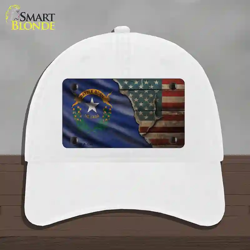 HAT14-MLP-12407 Nevada & American Flag Novelty License Plate Hat, Unconstructed Cotton - White