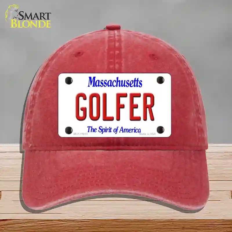 HAT13-MLP-11012 Golfer Massachusetts Novelty License Plate Hat, Unconstructed Cotton - Red