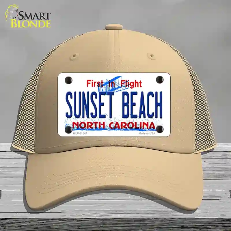 HAT15-MLP-11247 Sunset Beach North Carolina State Novelty License Plate Hat, Mesh - Khaki