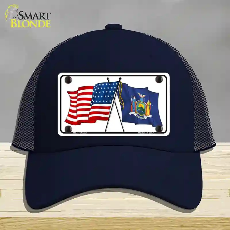 HAT16-MLP-11492   York Crossed US Flag Novelty License Plate Hat, Mesh - Navy