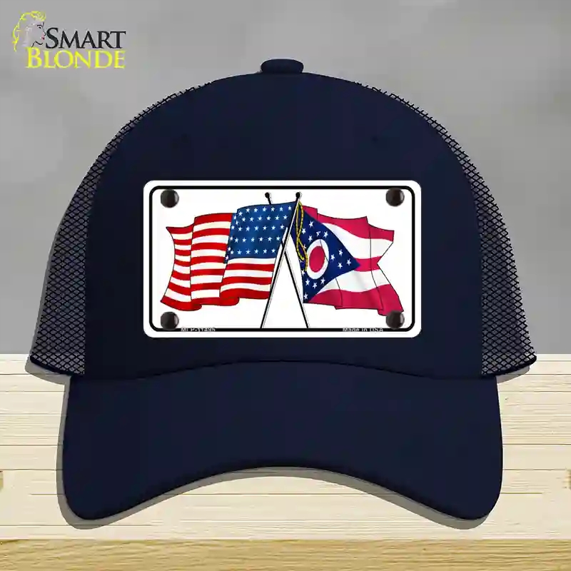 HAT16-MLP-11495 Ohio Crossed US Flag Novelty License Plate Hat, Mesh - Navy