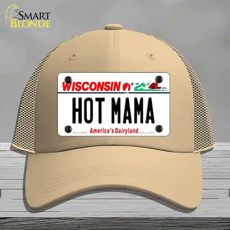 HAT15-MLP-10638 Hot Mama Wisconsin Novelty License Plate Hat, Mesh - Khaki