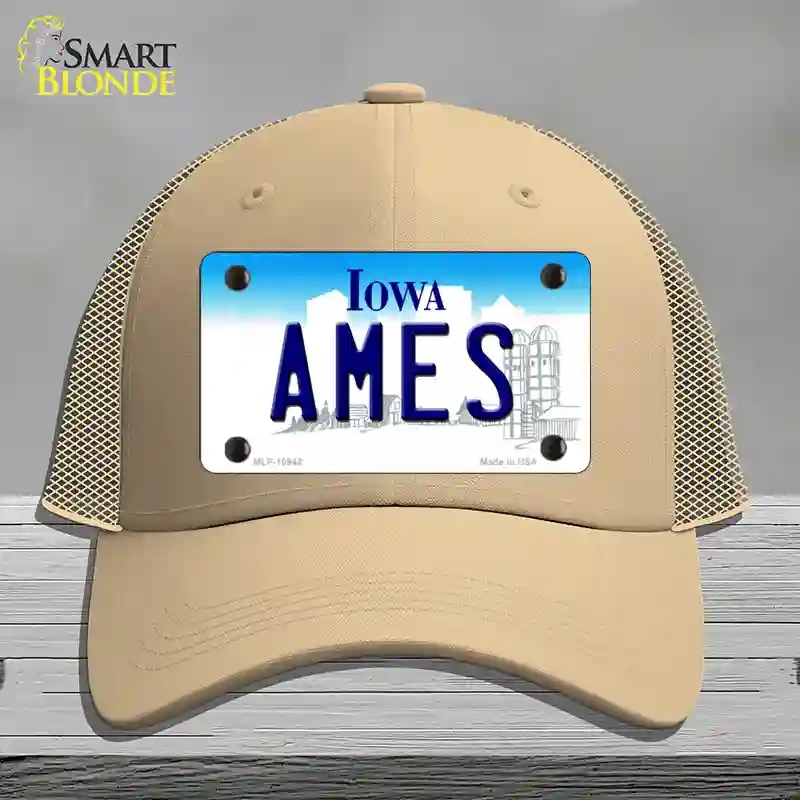 HAT15-MLP-10942 Ames Iowa Novelty License Plate Hat, Mesh - Khaki