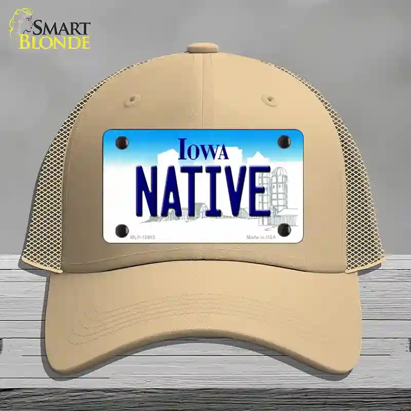 HAT15-MLP-10963 Native Iowa Novelty License Plate Hat, Mesh - Khaki