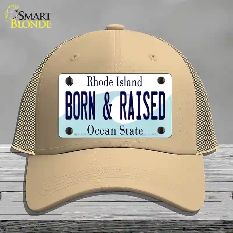 HAT15-MLP-11217 Born & Raised Rhode Island State Novelty License Plate Hat, Mesh - Khaki