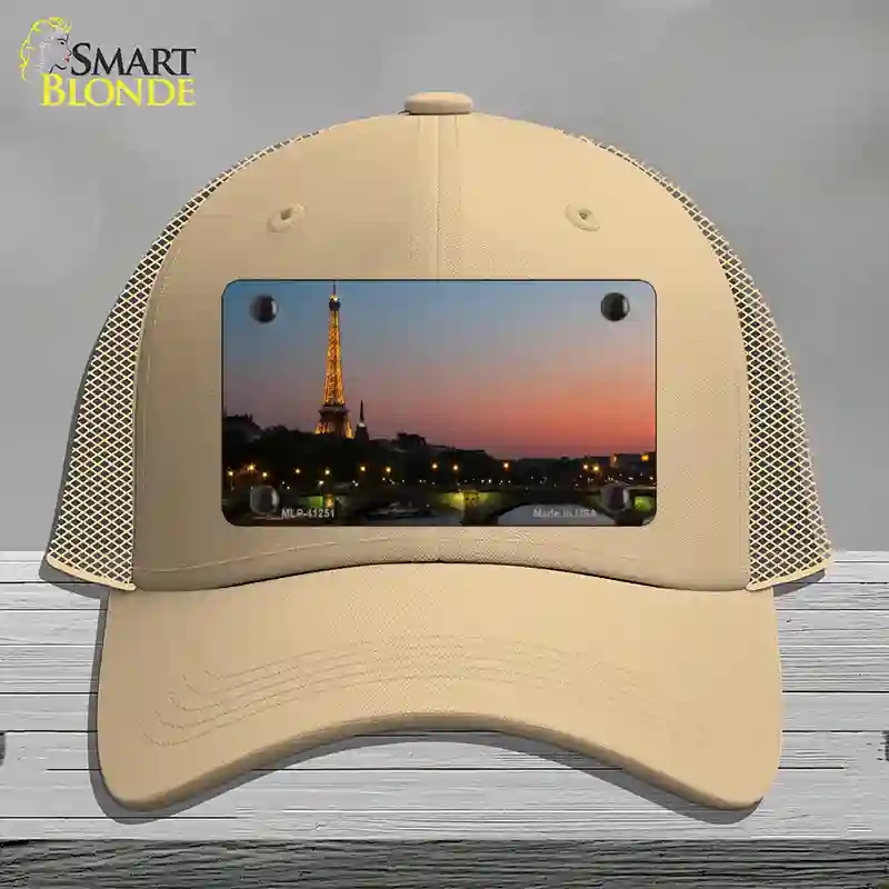 HAT15-MLP-11251 Eiffel Tower Night with River & Bridge Novelty License Plate Hat, Mesh - Khaki