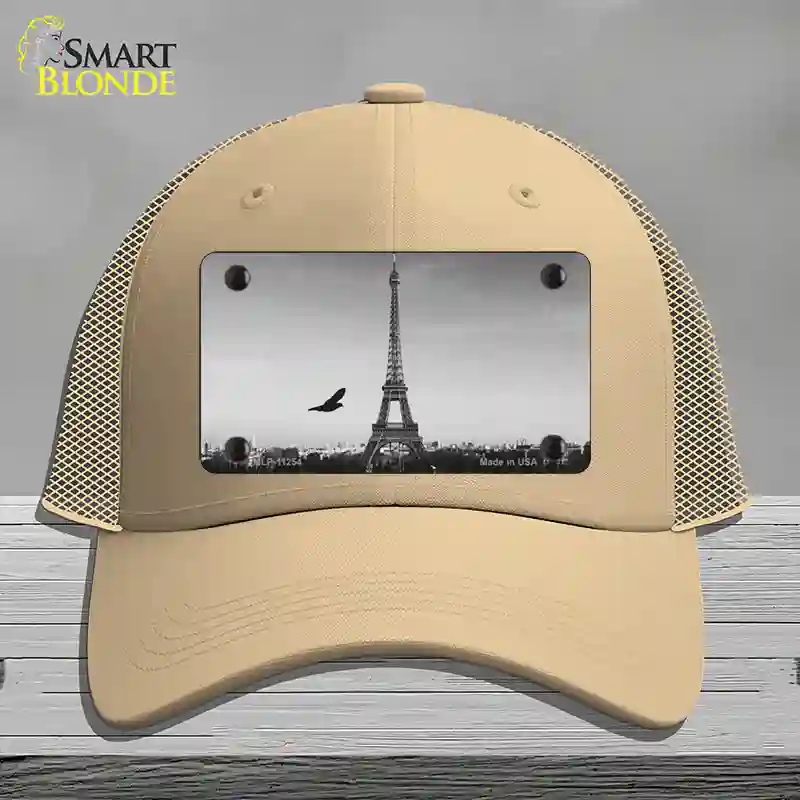 HAT15-MLP-11254 Eiffel Tower Black & White with Bird Novelty License Plate Hat, Mesh - Khaki