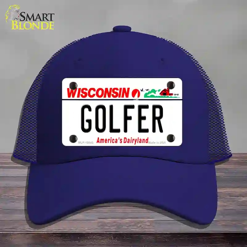 HAT18-MLP-10643 Golfer Wisconsin Novelty License Plate Hat, Mesh - Royal Blue