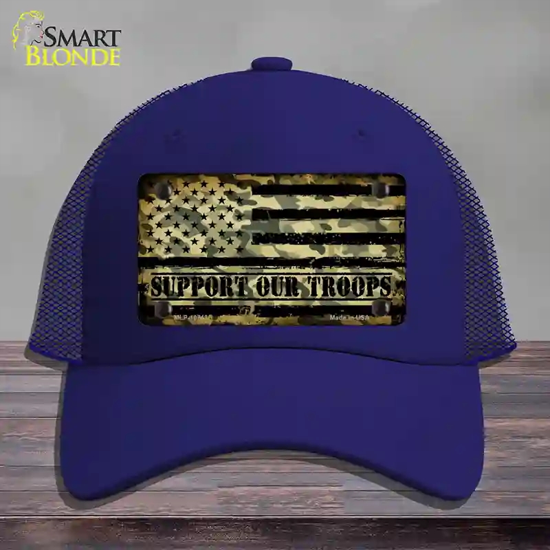 HAT18-MLP-10743 Camo American Flag Support Troops Novelty License Plate Hat, Mesh - Royal Blue