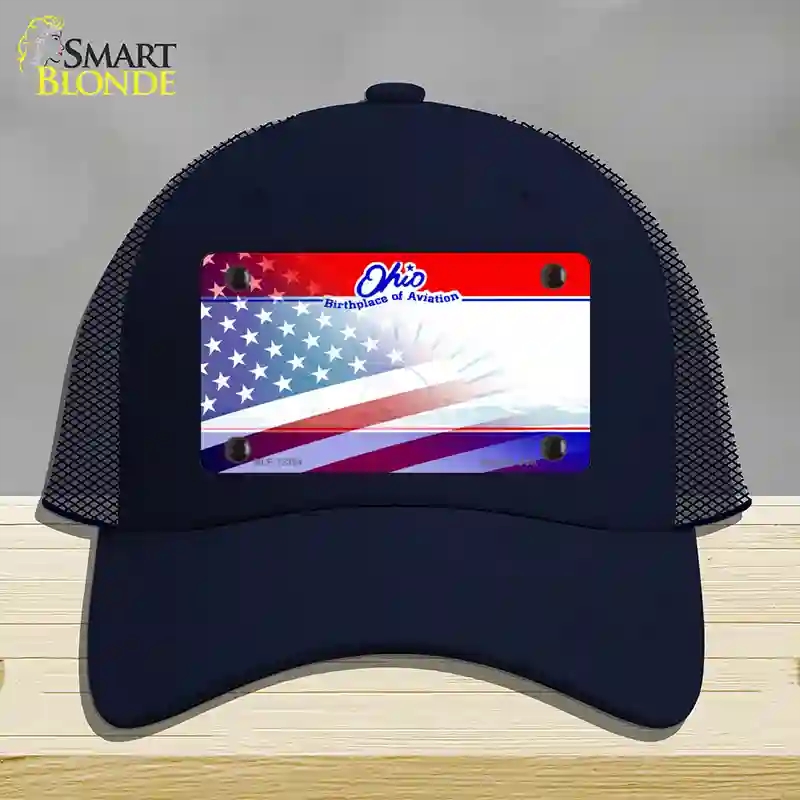 HAT16-MLP-12364 Ohio with American Flag Novelty License Plate Hat, Mesh - Navy