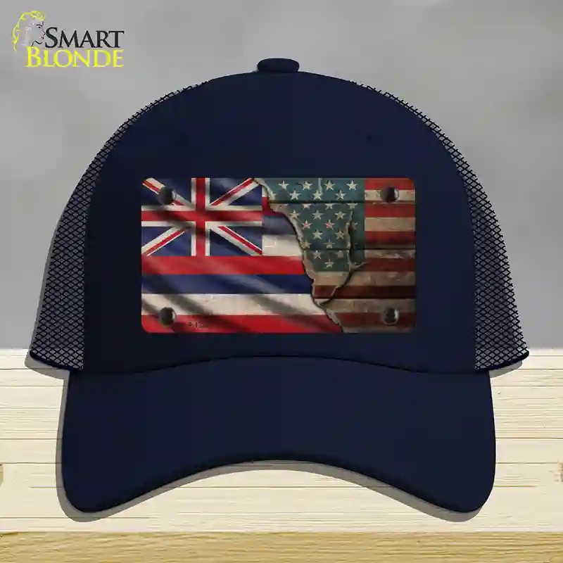 HAT16-MLP-12390 Hawaii & American Flag Novelty License Plate Hat, Mesh - Navy