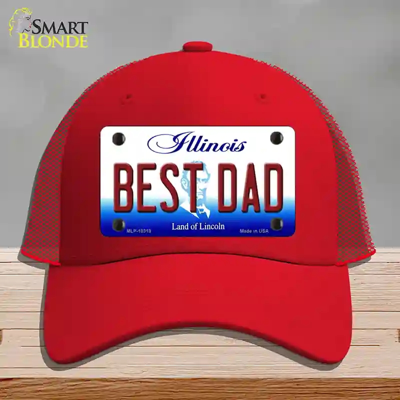 HAT17-MLP-10319 Best Dad Illinois Novelty License Plate Hat, Mesh - Red