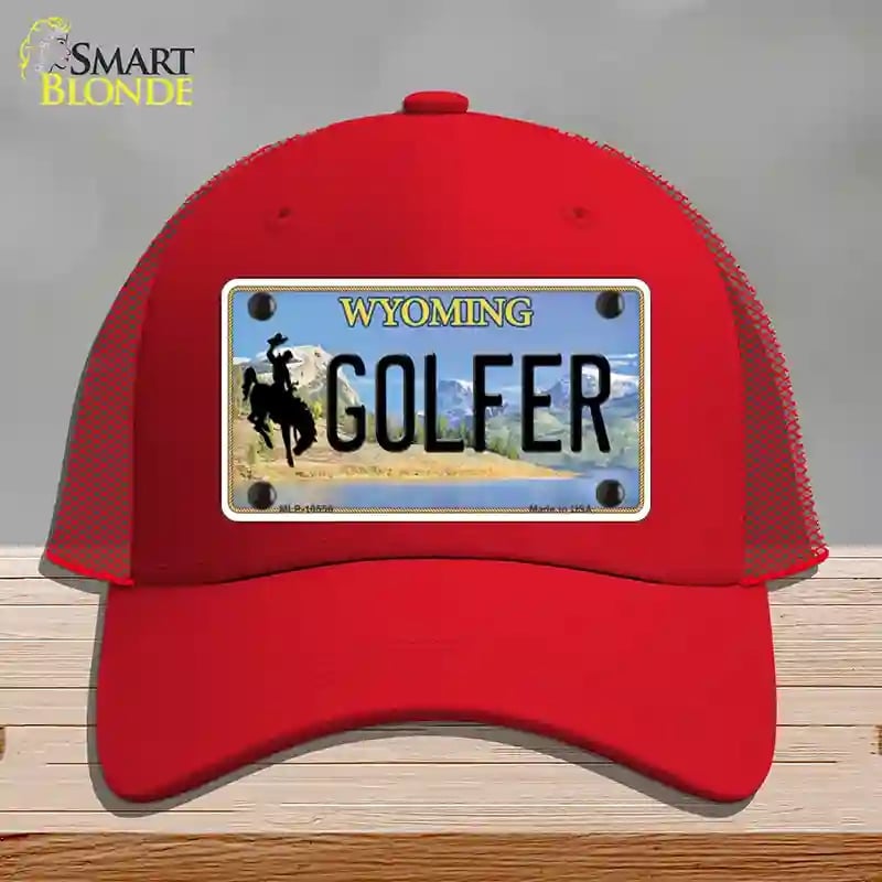 HAT17-MLP-10556 Golfer Wyoming Novelty License Plate Hat, Mesh - Red