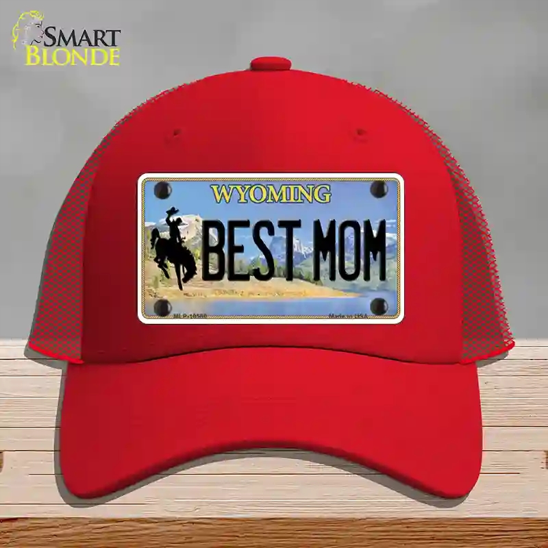 HAT17-MLP-10560 Best Mom Wyoming Novelty License Plate Hat, Mesh - Red