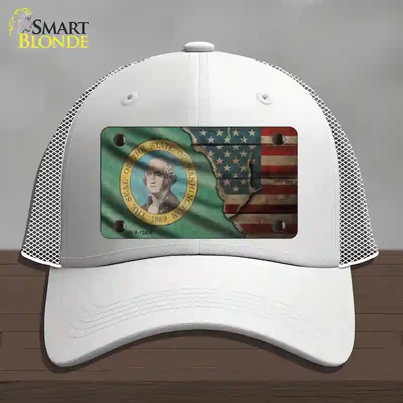 HAT19-MLP-12426 Washington & American Flag Novelty License Plate Hat, Mesh - White