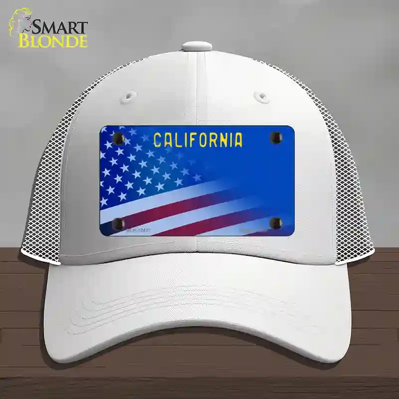 HAT19-MLP-12437 California with Blue Novelty License Plate Hat, Mesh - White