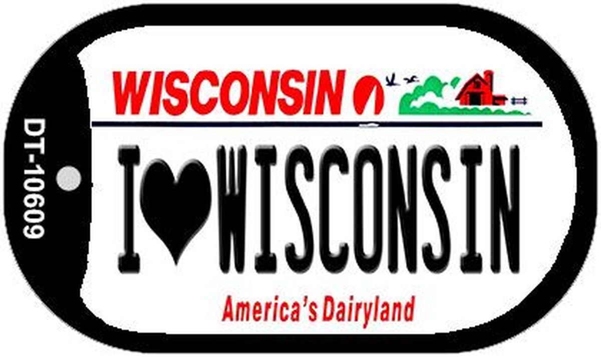 Picture of Smart Blonde DT-10609 1.5 x 2 in. I Love Wisconsin Novelty Metal Dog Tag Necklace