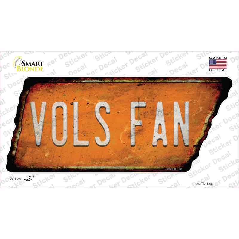 TN-123s-M Vols Fan Novelty Rusty Tennessee Shape Sticker Decal, Medium