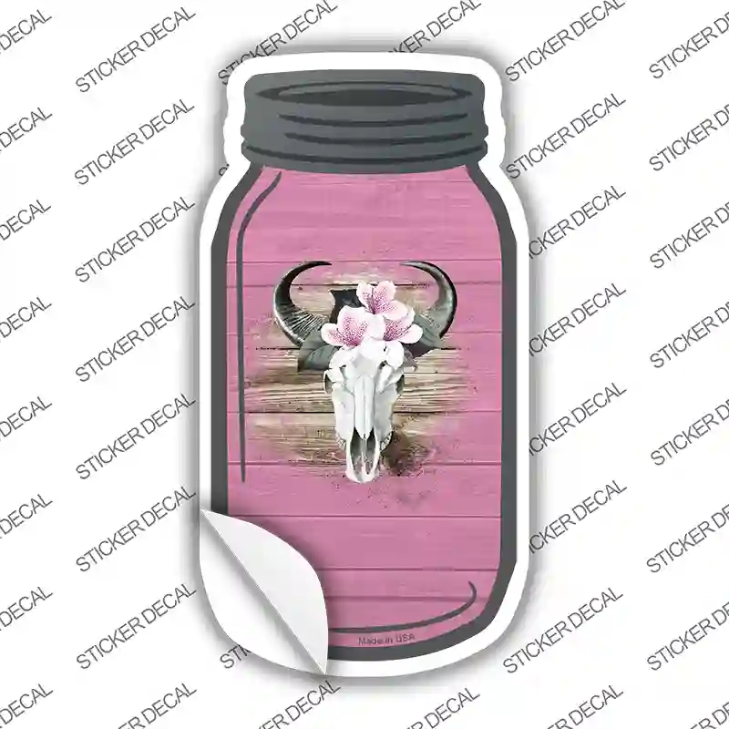 MJ-810s-S Cow Skull Pink Novelty Mason Jar Sticker Decal, Small