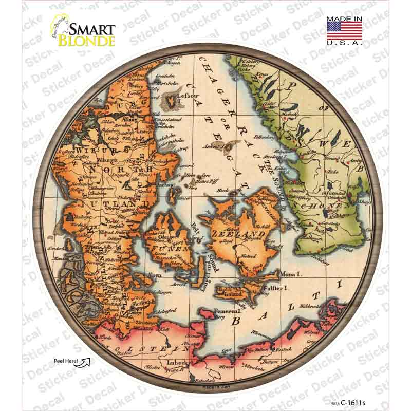 C-1611s-M Denmark Map Novelty Circle Sticker Decal, Medium