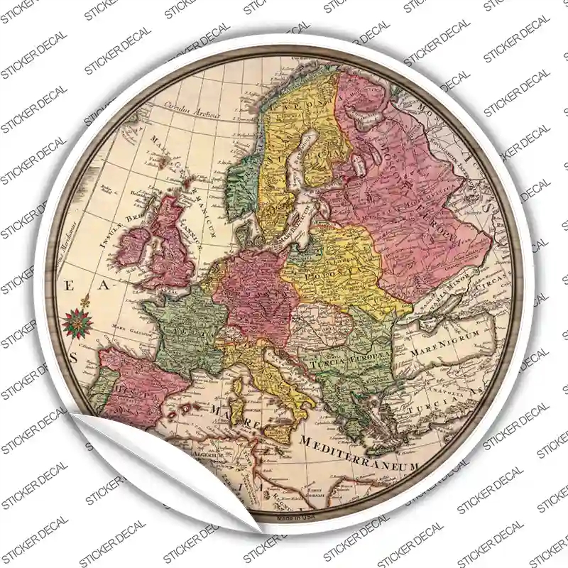 C-1614s-S Europe Map Novelty Circle Sticker Decal, Small