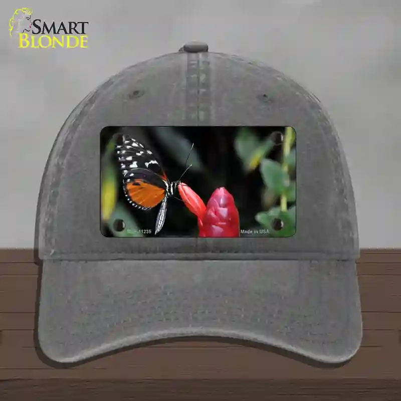 HAT08-MLP-11235 Butterfly on Red Flower Novelty License Plate Hat, Unconstructed Cotton - Charcoal