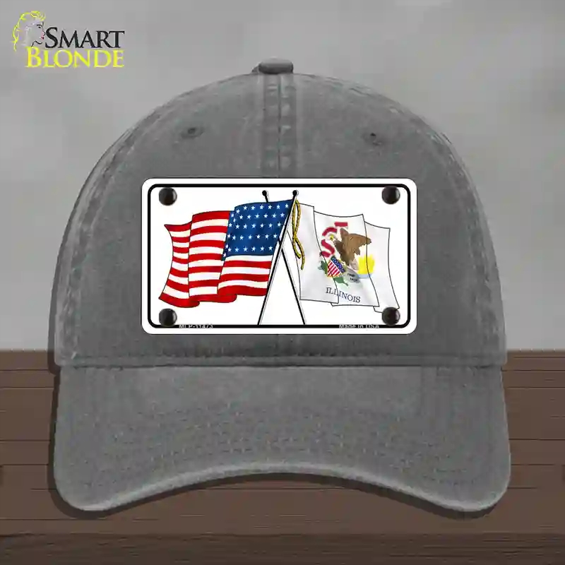 HAT08-MLP-11473 Illinois Crossed US Flag Novelty License Plate Hat, Unconstructed Cotton - Charcoal