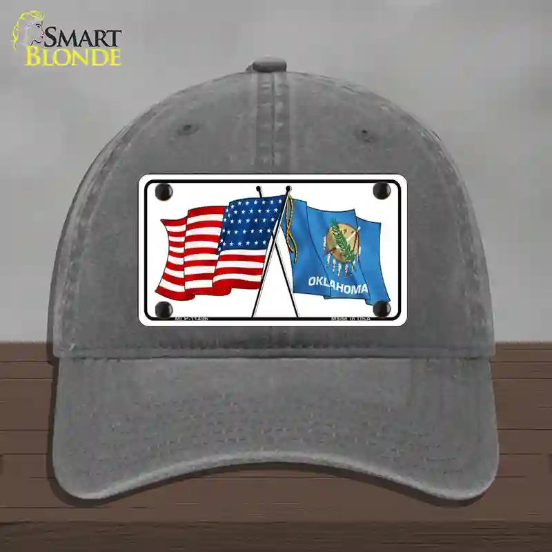 HAT08-MLP-11496 Oklahoma Crossed US Flag Novelty License Plate Hat, Unconstructed Cotton - Charcoal