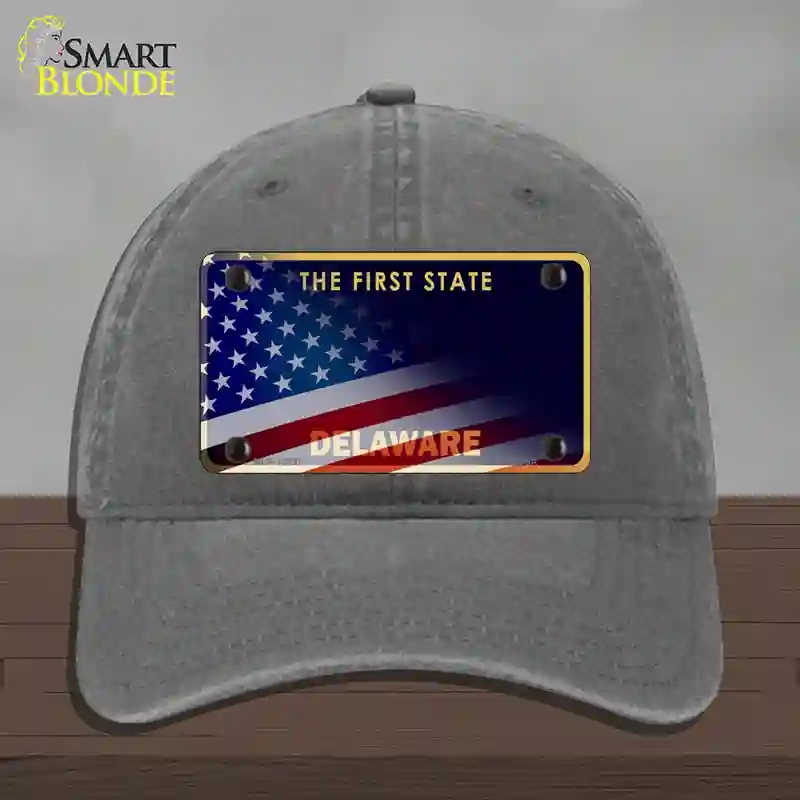 HAT08-MLP-12337 Delaware with American Flag Novelty License Plate Hat, Unconstructed Cotton - Charcoal