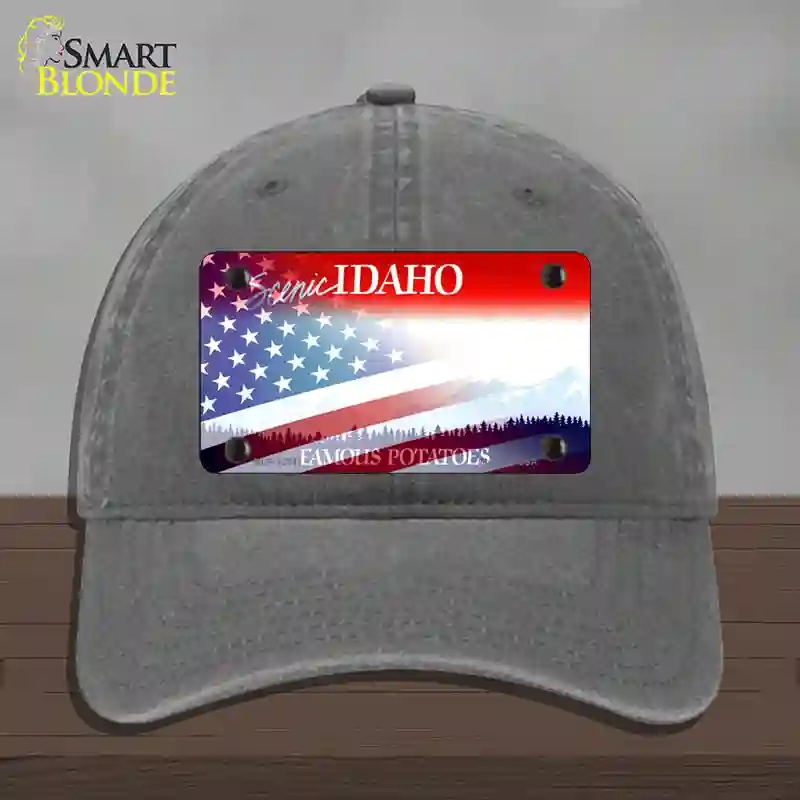 HAT08-MLP-12341 Idaho with American Flag Novelty License Plate Hat, Unconstructed Cotton - Charcoal