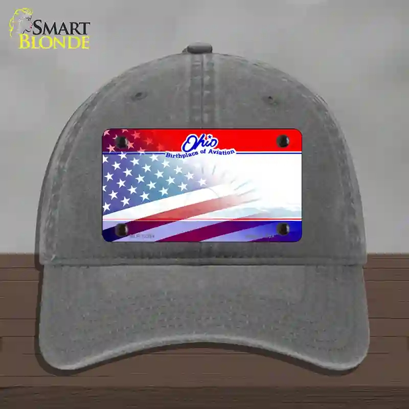 HAT08-MLP-12364 Ohio with American Flag Novelty License Plate Hat, Unconstructed Cotton - Charcoal