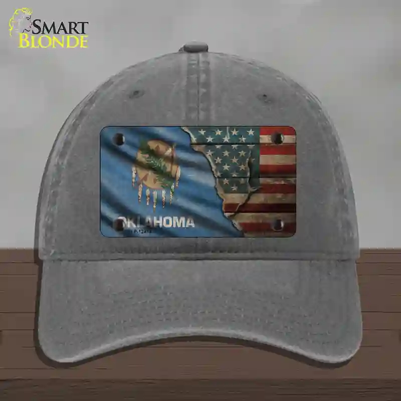 HAT08-MLP-12415 Oklahoma & American Flag Novelty License Plate Hat, Unconstructed Cotton - Charcoal