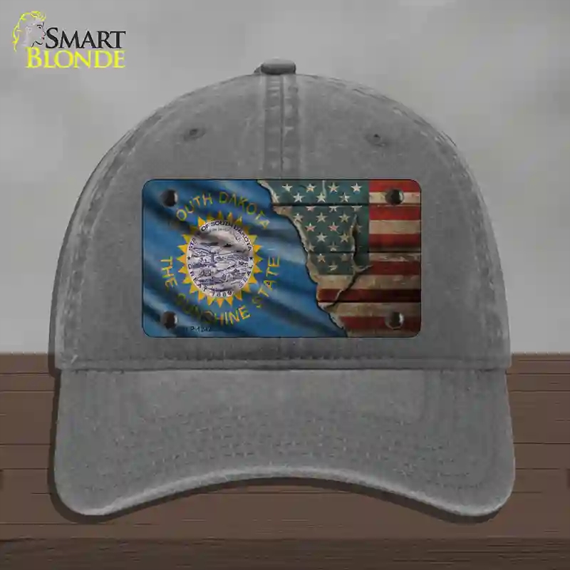 HAT08-MLP-12420 South Dakota & American Flag Novelty License Plate Hat, Unconstructed Cotton - Charcoal