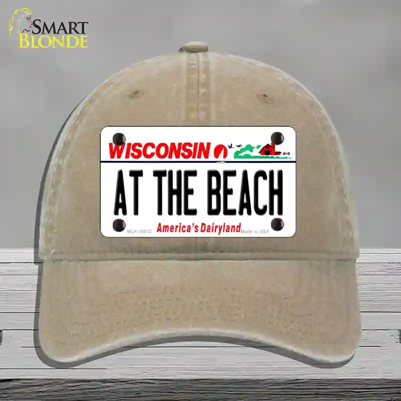 HAT09-MLP-10632 At the Beach Wisconsin Novelty License Plate Hat, Unconstructed Cotton - Khaki