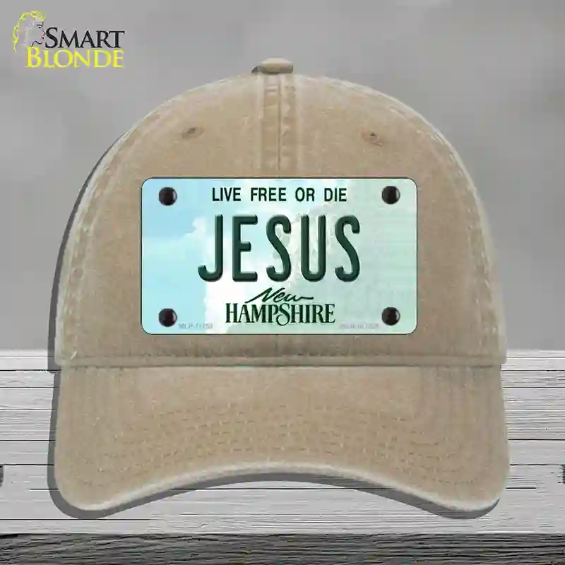 HAT09-MLP-11158 Jesus   Hampshire State Novelty License Plate Hat, Unconstructed Cotton - Khaki
