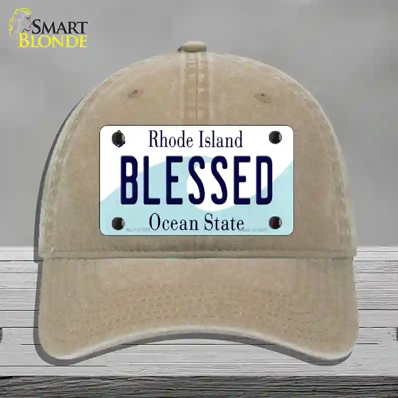 HAT09-MLP-11215 Blessed Rhode Island State Novelty License Plate Hat, Unconstructed Cotton - Khaki