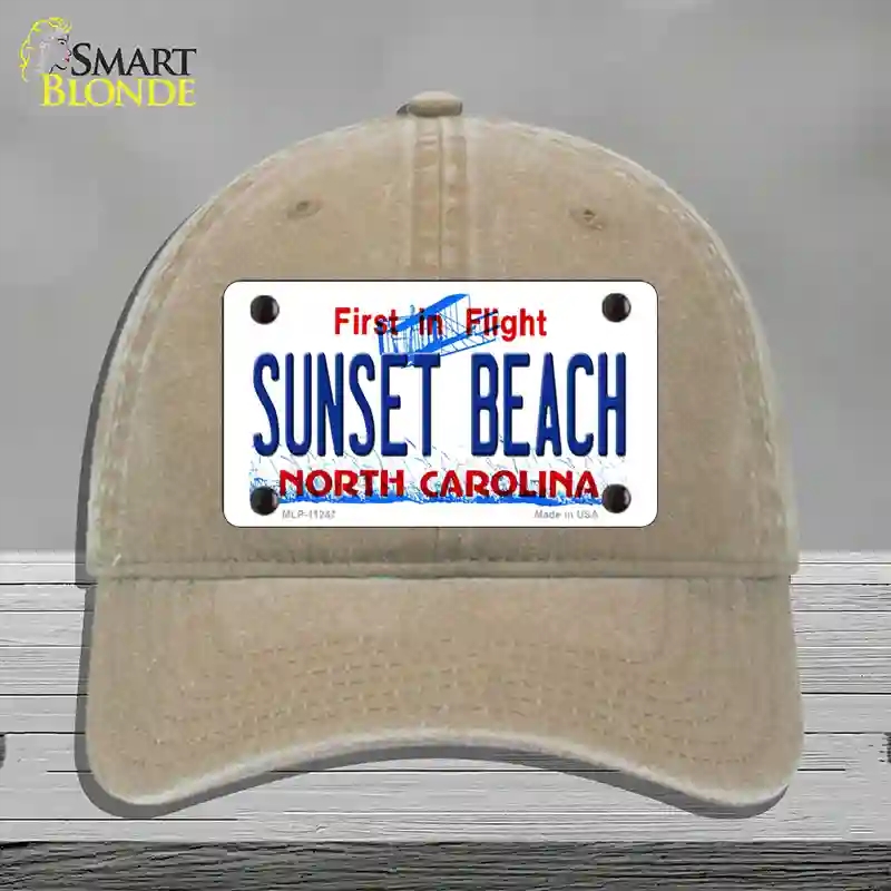 HAT09-MLP-11247 Sunset Beach North Carolina State Novelty License Plate Hat, Unconstructed Cotton - Khaki