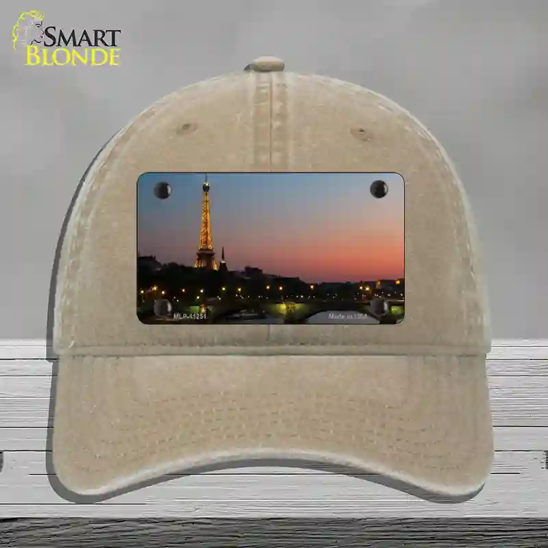 HAT09-MLP-11251 Eiffel Tower Night with River & Bridge Novelty License Plate Hat, Unconstructed Cotton - Khaki