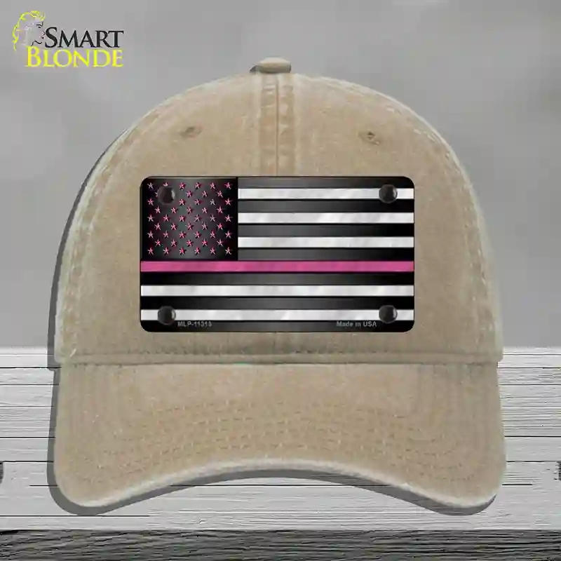 HAT09-MLP-11313 Thin Pink Line with Stars Novelty License Plate Hat, Unconstructed Cotton - Khaki