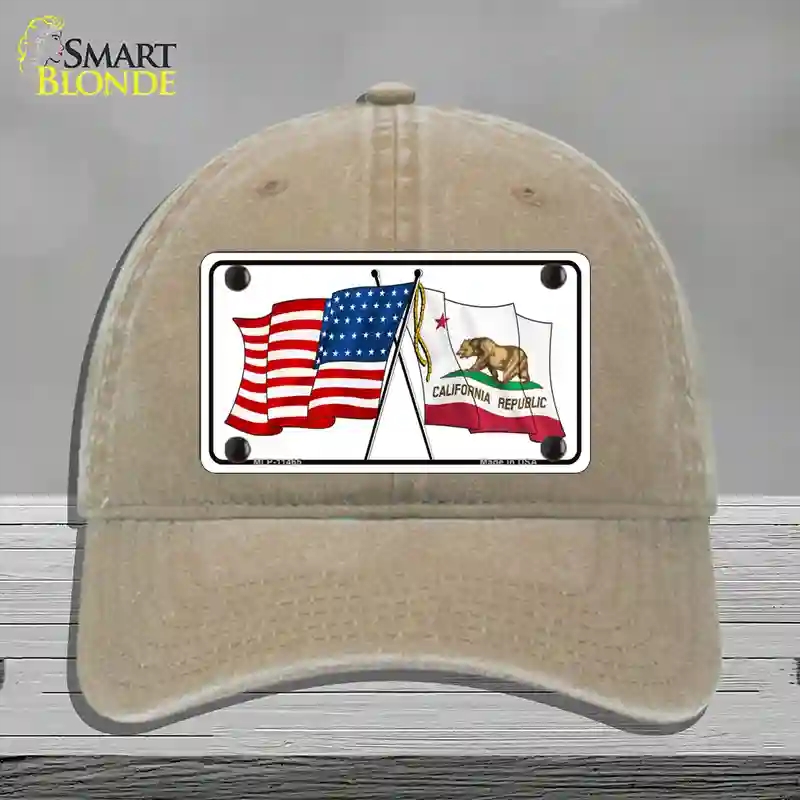 HAT09-MLP-11465 California Crossed US Flag Novelty License Plate Hat, Unconstructed Cotton - Khaki