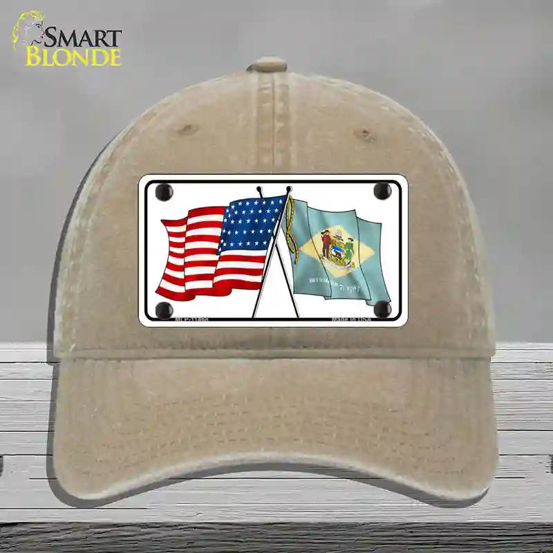 HAT09-MLP-11468 Delaware Crossed US Flag Novelty License Plate Hat, Unconstructed Cotton - Khaki