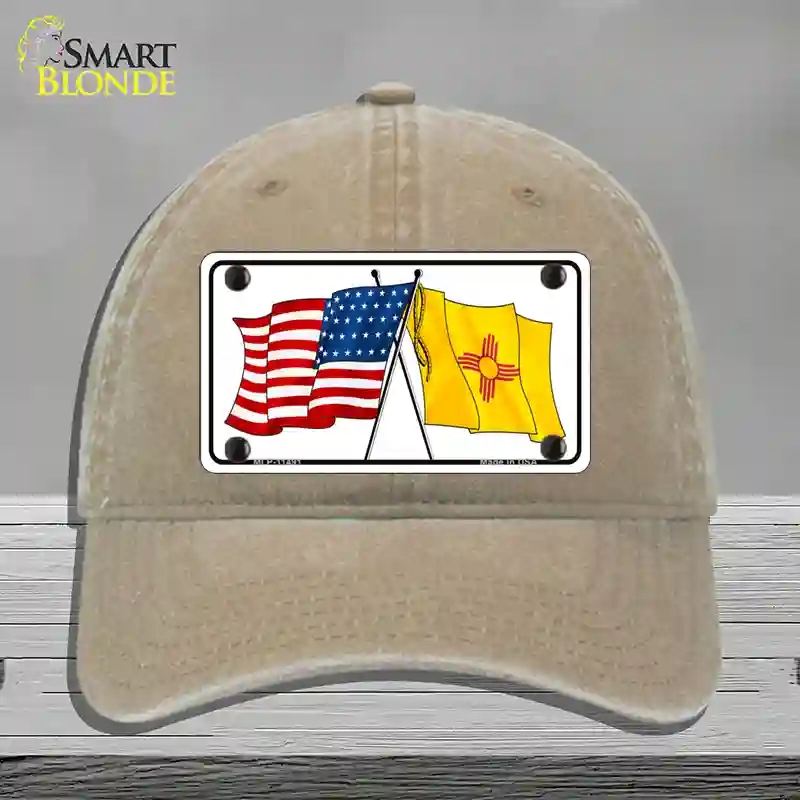HAT09-MLP-11491   Mexico Crossed US Flag Novelty License Plate Hat, Unconstructed Cotton - Khaki