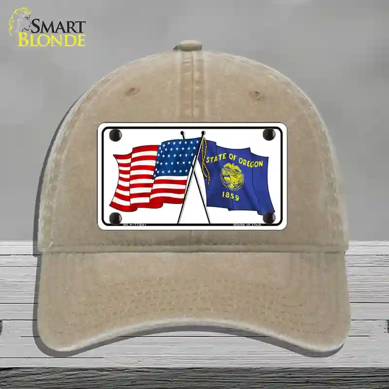 HAT09-MLP-11497 Oregon Crossed US Flag Novelty License Plate Hat, Unconstructed Cotton - Khaki