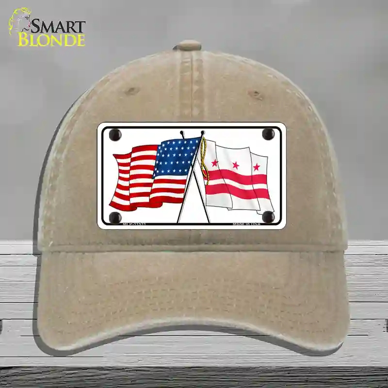 HAT09-MLP-11511 Washington DC Crossed US Flag Novelty License Plate Hat, Unconstructed Cotton - Khaki