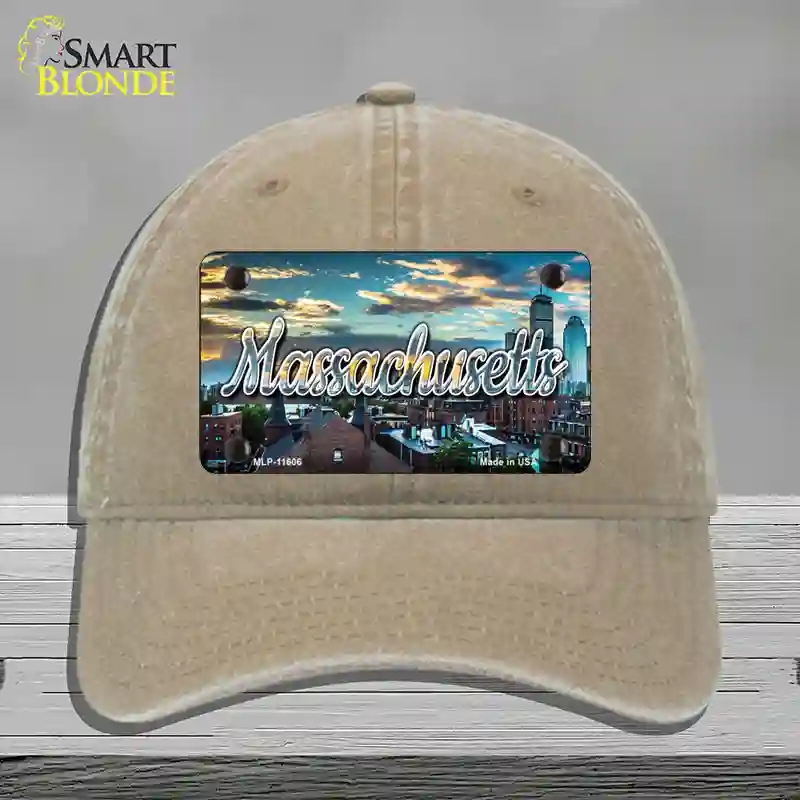 HAT09-MLP-11606 Massachusetts Sunset Skyline State Novelty License Plate Hat, Unconstructed Cotton - Khaki