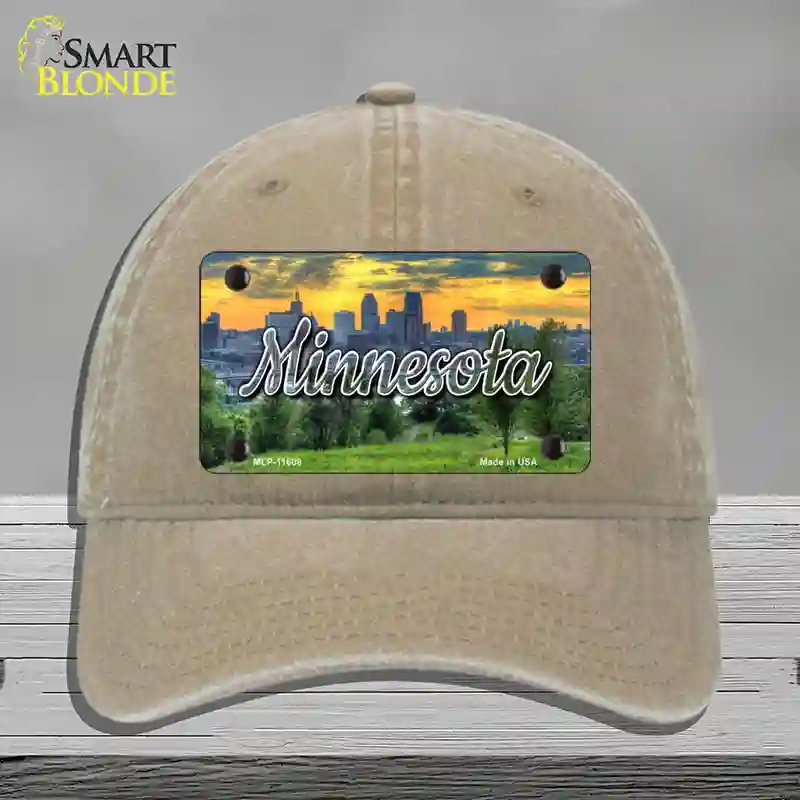 HAT09-MLP-11608 Minnesota City Skyline Sunset State Novelty License Plate Hat, Unconstructed Cotton - Khaki