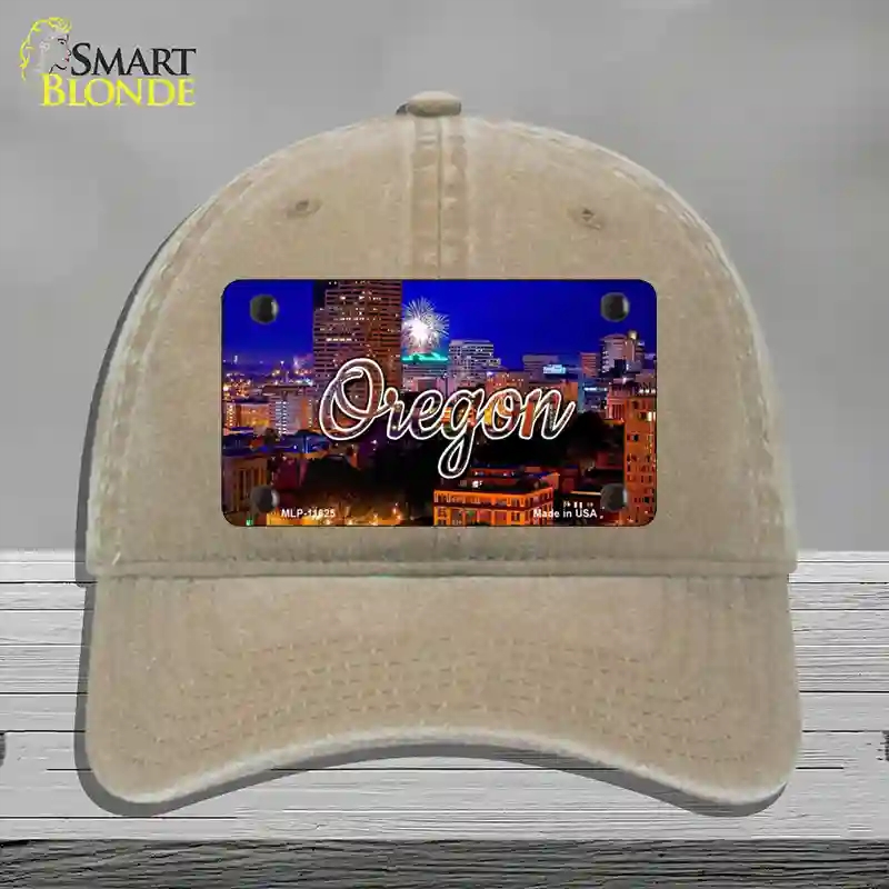 HAT09-MLP-11625 Oregon Firework City Lights State Novelty License Plate Hat, Unconstructed Cotton - Khaki