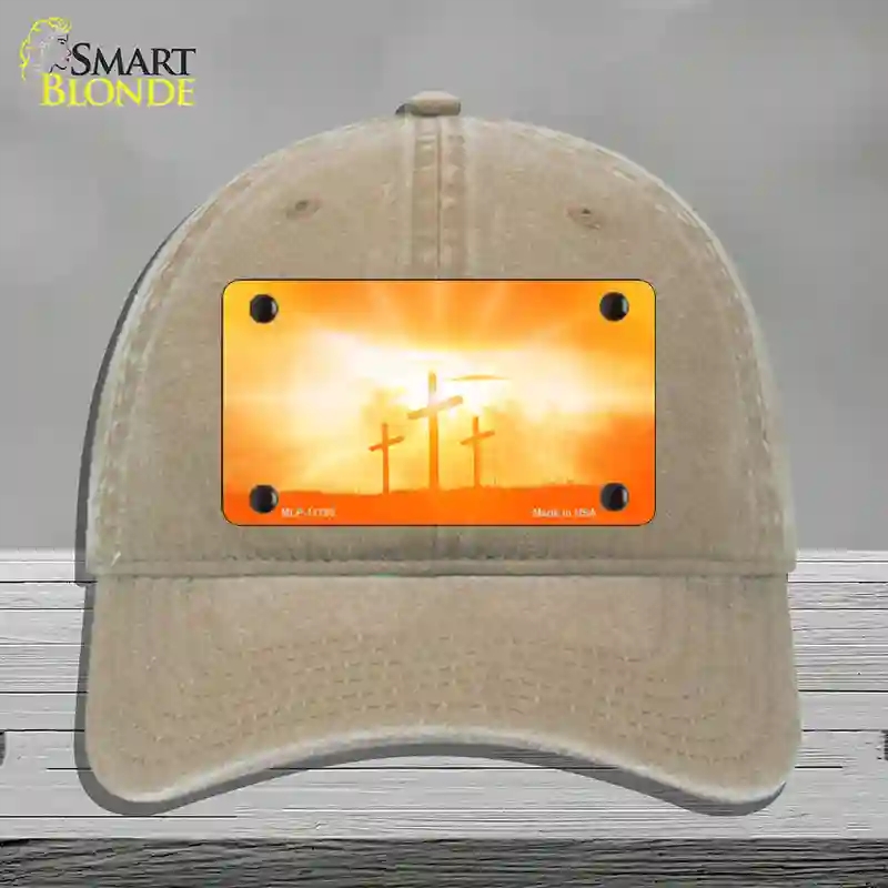 HAT09-MLP-11795 Crosses in the Sun Orange Novelty License Plate Hat, Unconstructed Cotton - Khaki