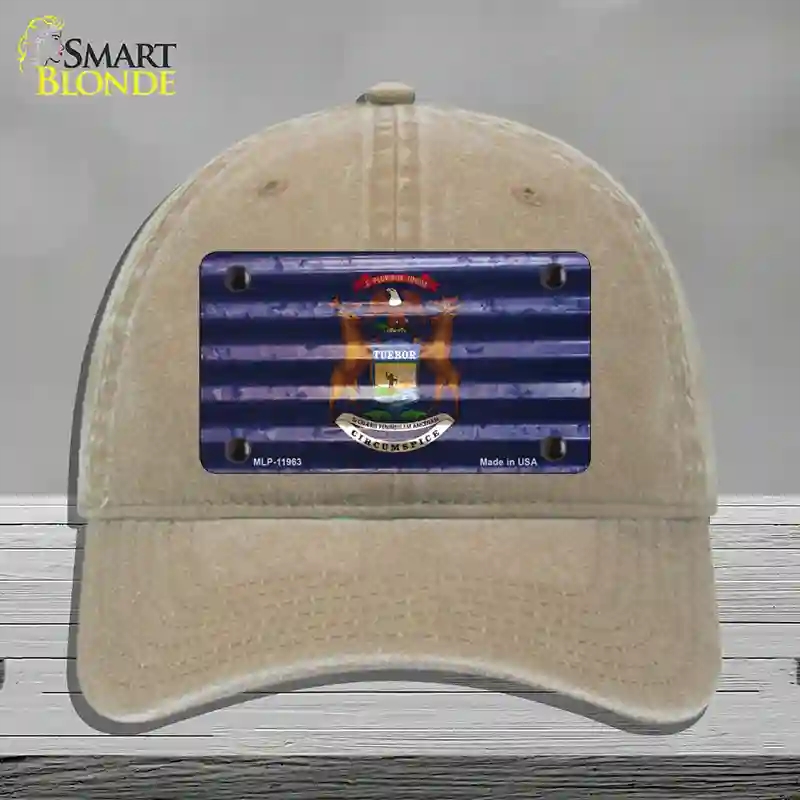 HAT09-MLP-11963 Michigan Corrugated Flag Novelty License Plate Hat, Unconstructed Cotton - Khaki